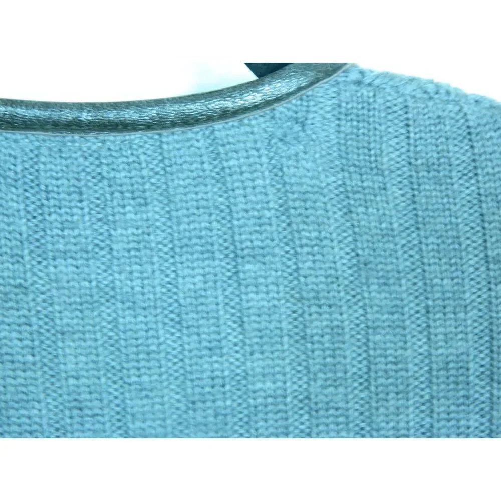 Tory Burch Sweater Cardigan Size Large Gray Wool‎ Leather Trim Round Neck Zip Up